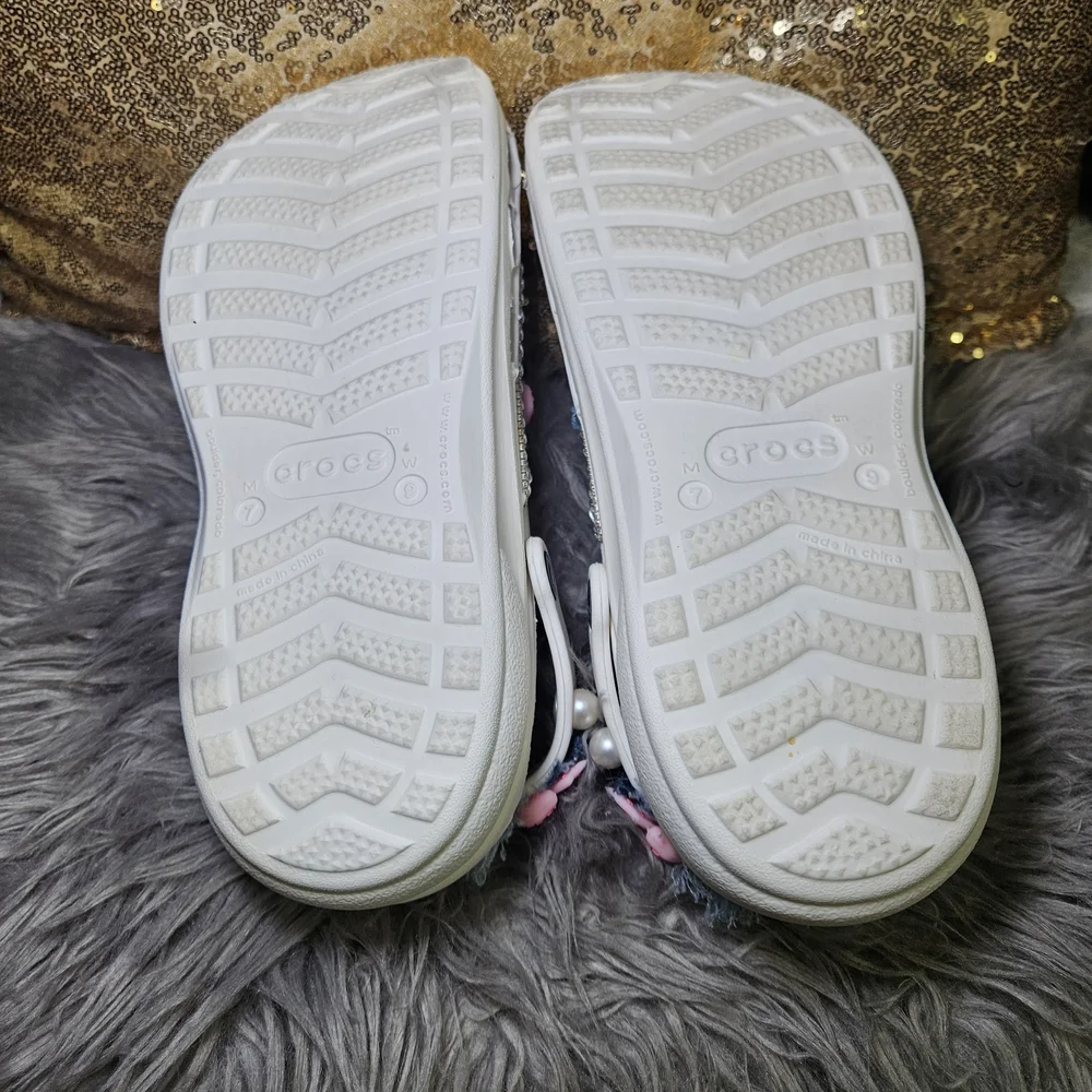 CROCS White Mules with Pink and Blue Embellishments - Picture 4 of 5